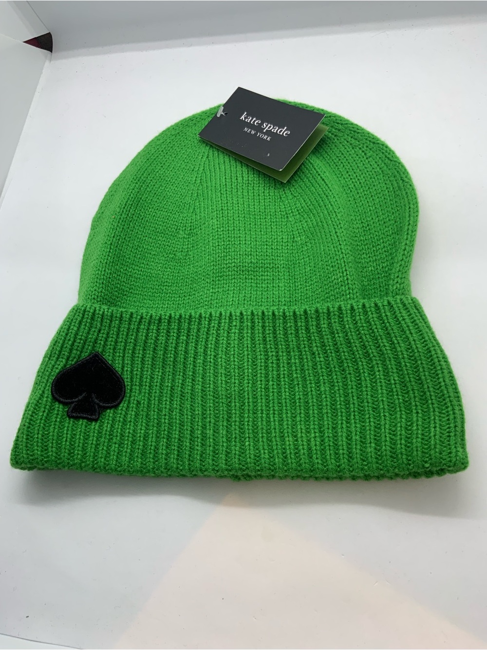 kate spade Green Ribbed Knit Beanie with Black Spade Patch